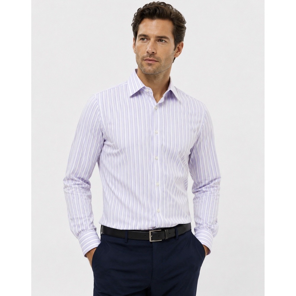 NEW! Hugo Boss Lavender Striped Dress Shirt Cotton 17.5 SZ XL
